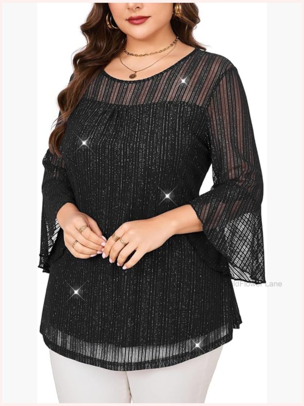 Plus Size Sparkly Mesh Tunic Tops 3/4 Sleeve Blouse